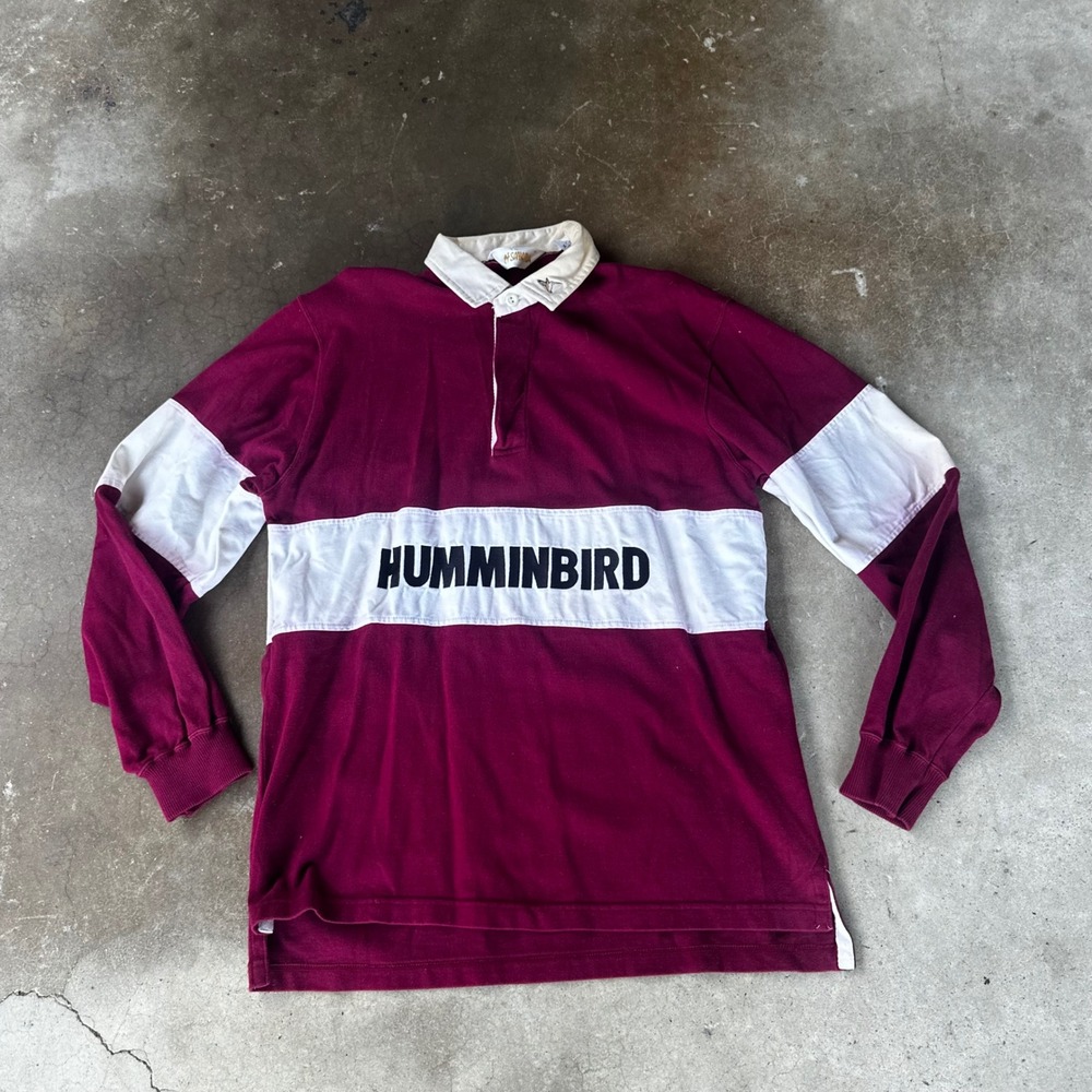 Humminbird Rugby Shirt Mens Medium Maroon Good Vintage Colorblock Long Sleeve